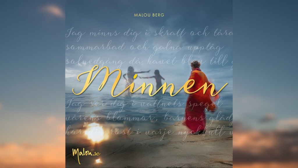 Omslaget till Malou Bergs stämningsfulla singel "minnen" med ett havsmotiv i sommarljus med två vänner som badar.